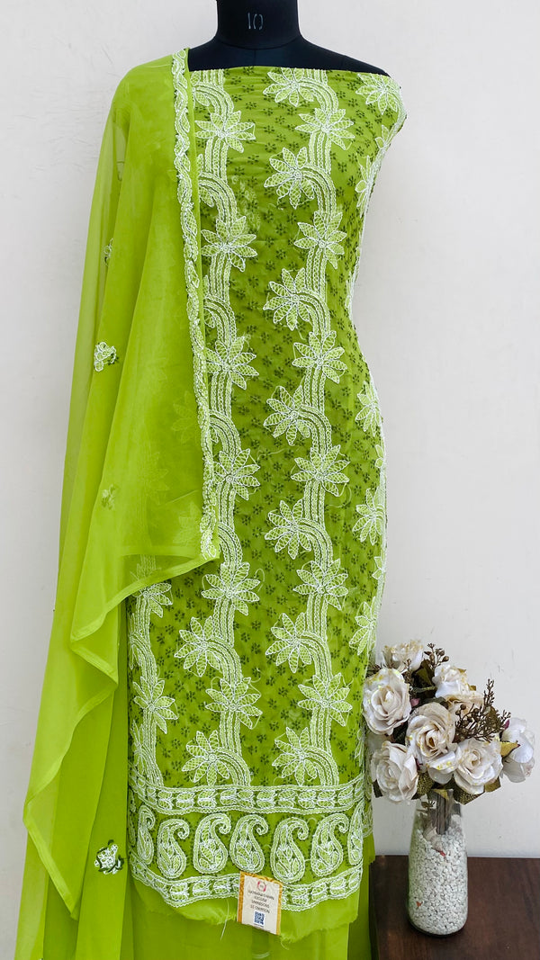 Lucknowi Chikankari Suit Length 3 Piece Parrot Green Georgette
