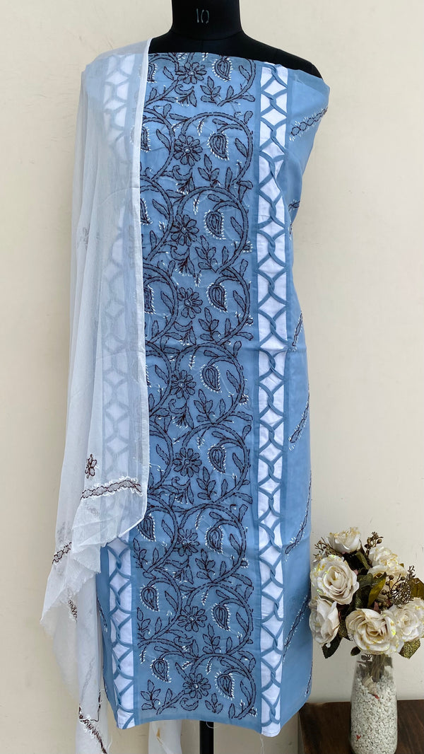 Lucknowi Chikankari Suit Length 3 Piece Gray Cotton
