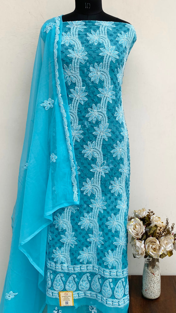 Lucknowi Chikankari Suit Length 3 Piece Blue Georgette