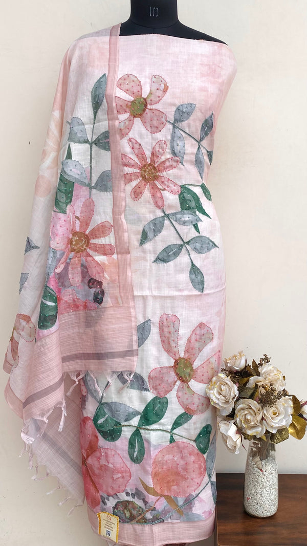 Designer Embroidered Suit Length 3 Piece Pink Linen With Sequence Work