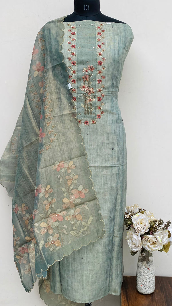 Designer Embroidered Suit Length 3 Piece Green Tissue With Cutdana ,Pearl & Sequence Work