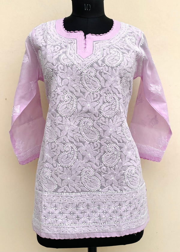 Lucknowi Chikankari Short Kurti Pink Cotton