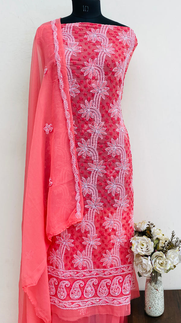 Lucknowi Chikankari Suit Length 3 Piece Gajri Georgette