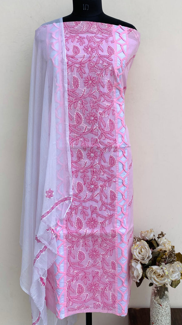 Lucknowi Chikankari Suit Length 3 Piece Pink Cotton