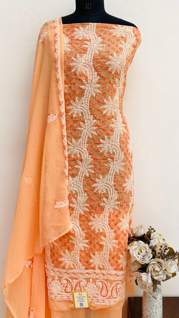 Lucknowi Chikankari Suit Length 3 Piece Peach Georgette