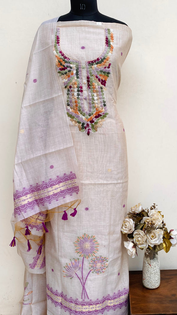 Designer Embroidered Suit Length 3 Piece Beige Linen With Sequence Work
