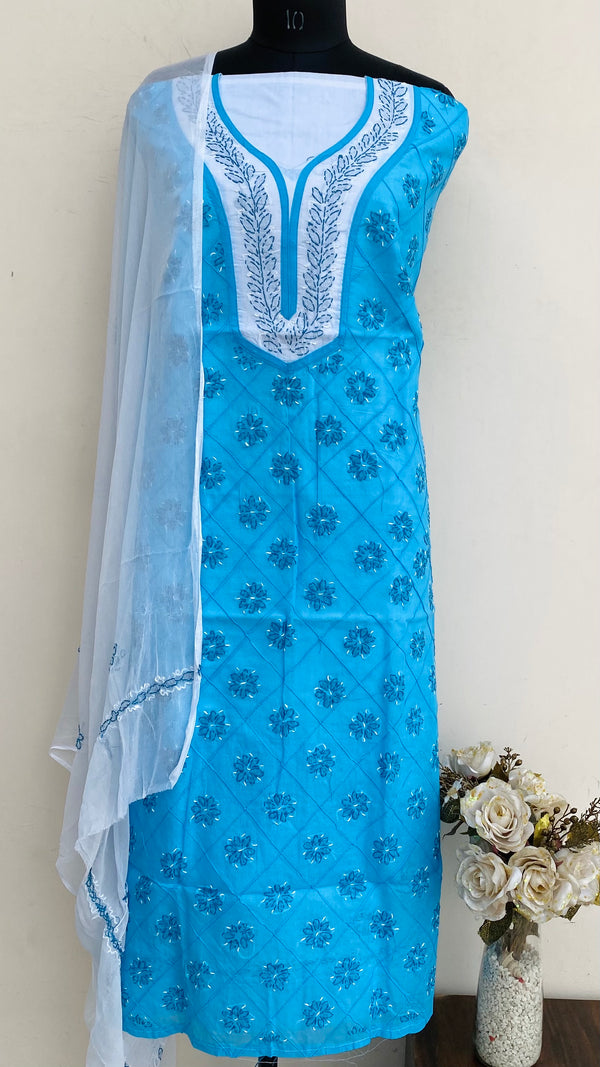 Lucknowi Chikankari Suit Length 3 Piece Blue Cotton