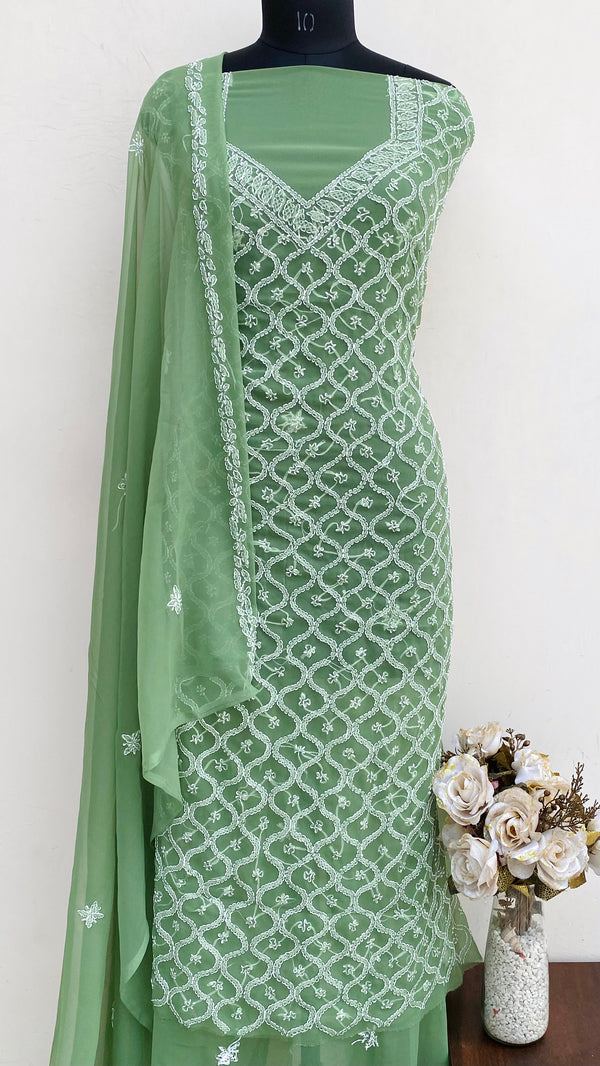 Lucknowi Chikankari Suit Length 3 Piece Green Georgette