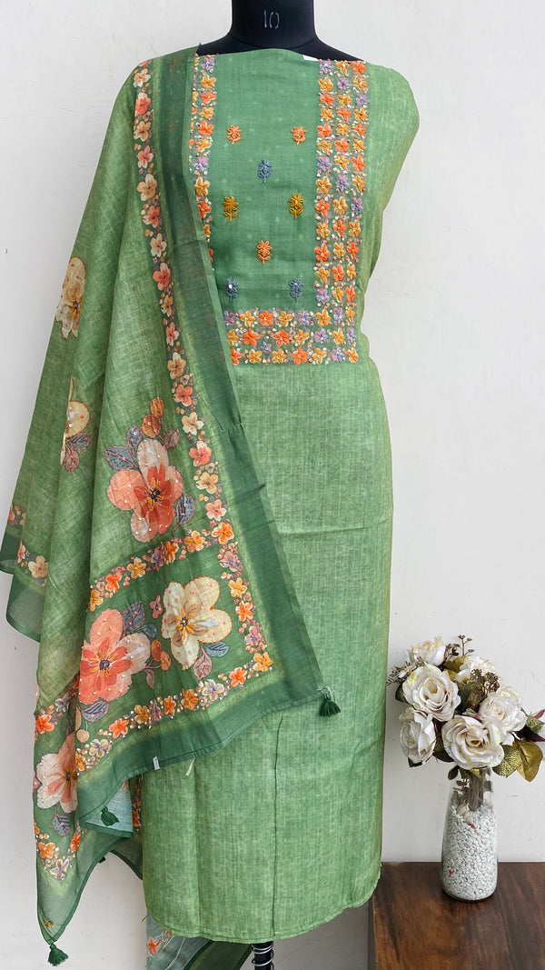 Designer Embroidered Suit Length 3 Piece Green Linen With Sequence Work