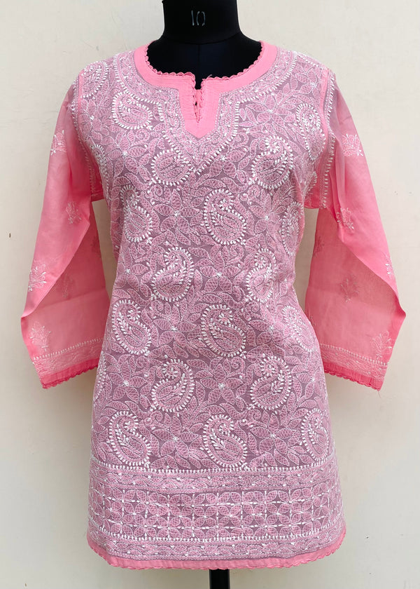 Lucknowi Chikankari Short Kurti Pink Cotton