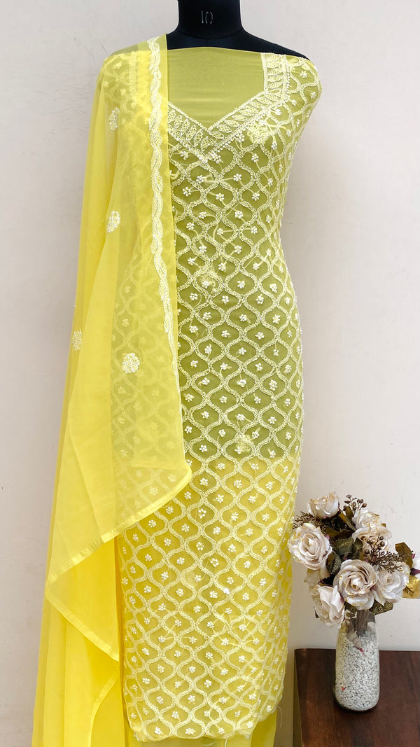 Lucknowi Chikankari Suit Length 3 Piece Yellow Georgette