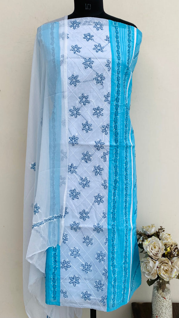 Lucknowi Chikankari Suit Length 3 Piece Blue Cotton