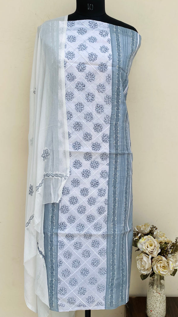 Lucknowi Chikankari Suit Length 3 Piece Gray Cotton