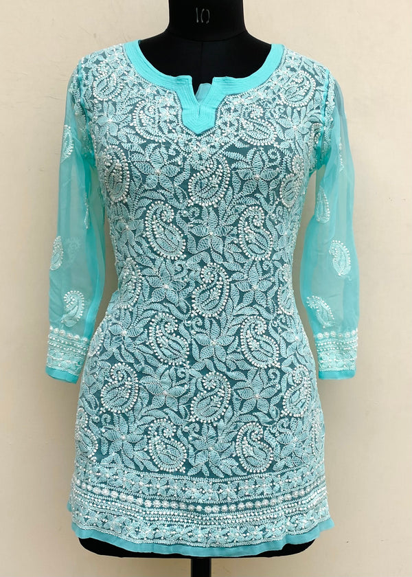 Lucknowi Chikankari Short Kurti Sea Green Georgette