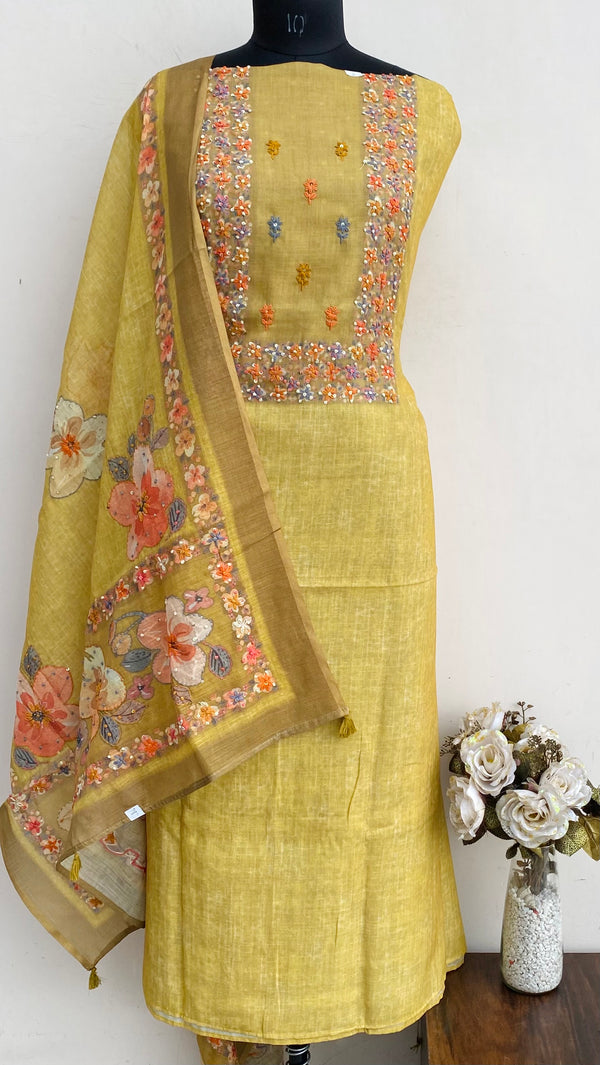 Designer Embroidered Suit Length 3 Piece Mehndi Green Linen With Sequence Work