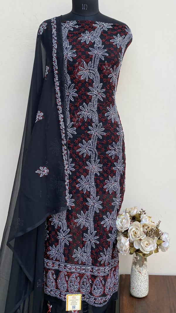 Lucknowi Chikankari Suit Length 3 Piece Black Georgette