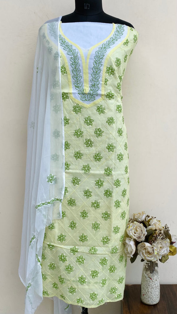 Lucknowi Chikankari Suit Length 3 Piece Lemon Yellow Cotton