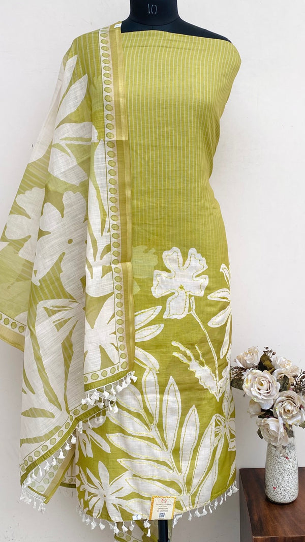 Designer Embroidered Suit Length 3 Piece Mehndi Green Linen With Sequence Work