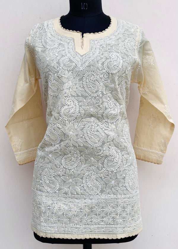 Lucknowi Chikankari Short Kurti Beige Cotton