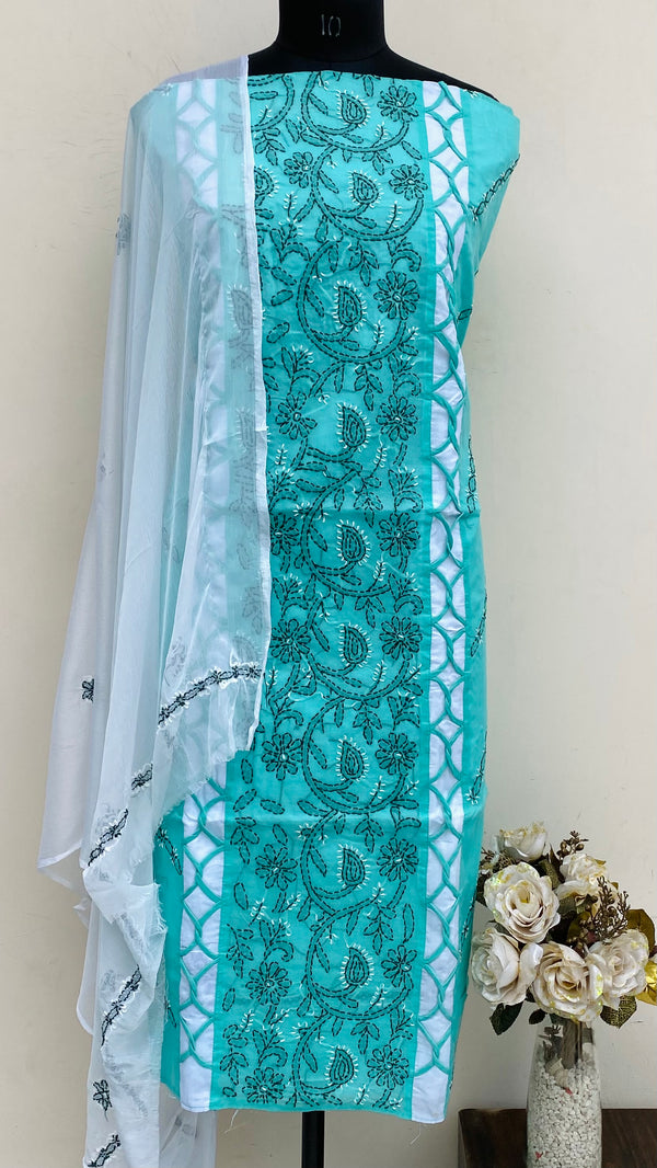 Lucknowi Chikankari Suit Length 3 Piece Sea Green Cotton