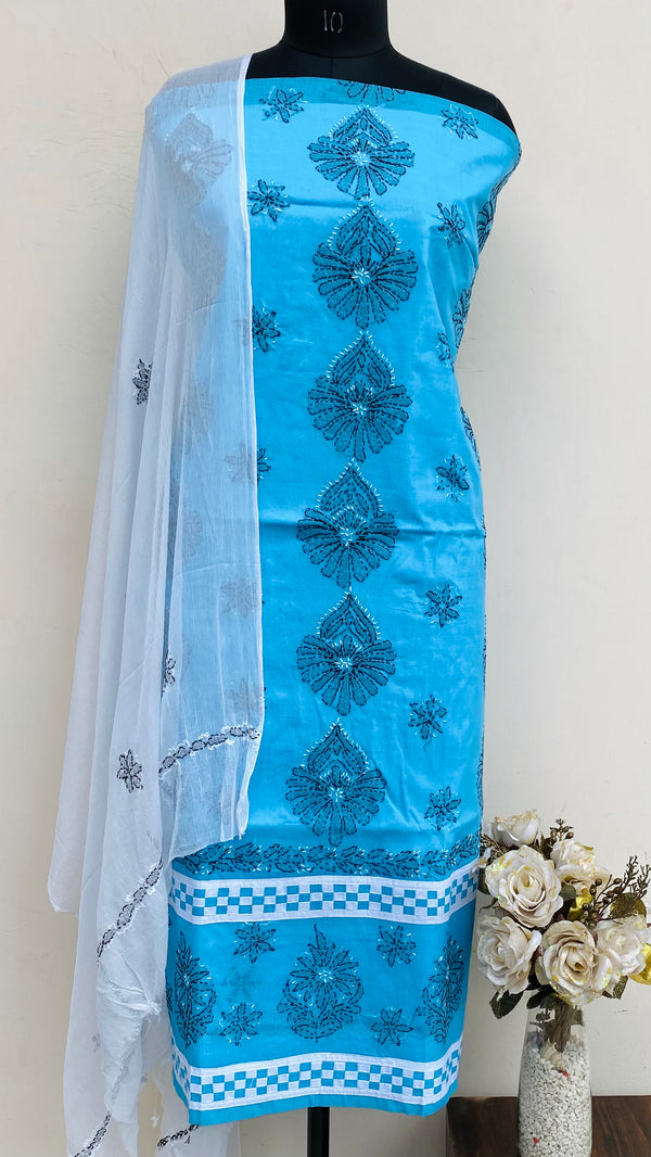 Lucknowi Chikankari Suit Length 3 Piece Blue Cotton