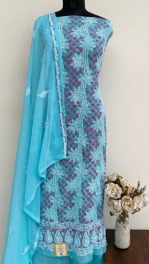 Lucknowi Chikankari Suit Length 3 Piece Blue Georgette