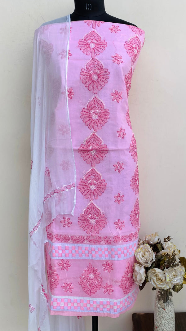 Lucknowi Chikankari Suit Length 3 Piece Pink Cotton