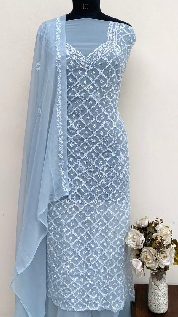 Lucknowi Chikankari Suit Length 3 Piece Gray Georgette