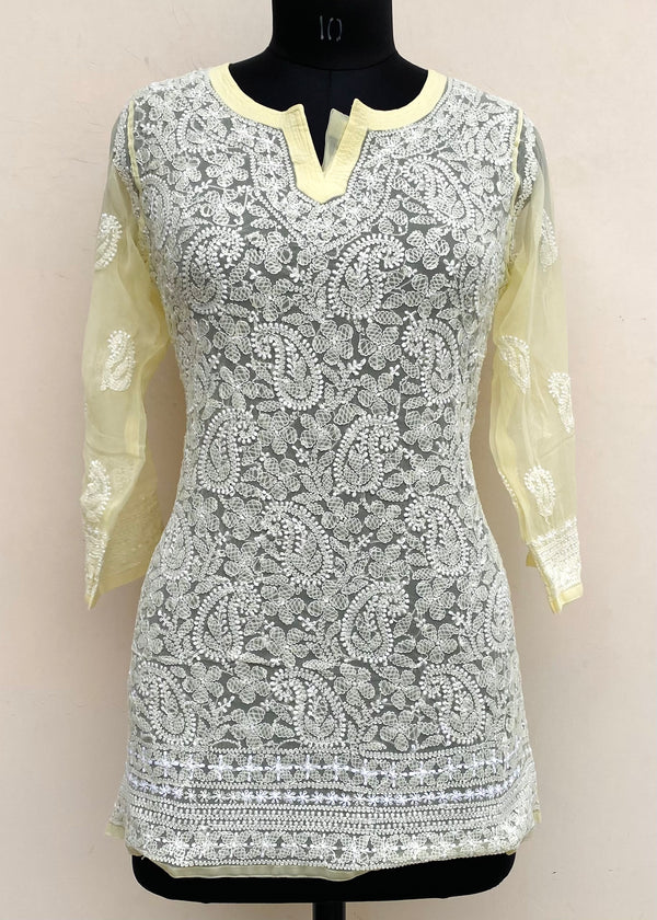 Lucknowi Chikankari Short Kurti Lemon Yellow Georgette