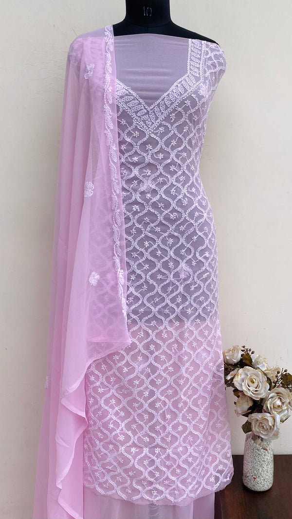 Lucknowi Chikankari Suit Length 3 Piece Pink Georgette
