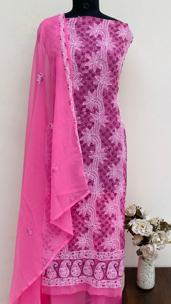Lucknowi Chikankari Suit Length 3 Piece Pink Georgette