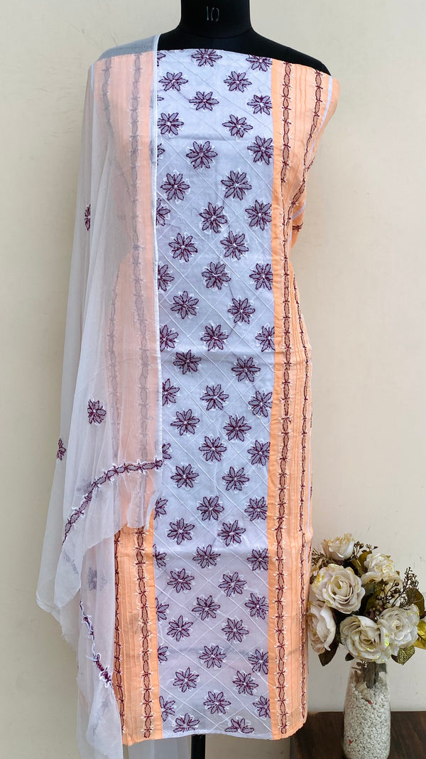 Lucknowi Chikankari Suit Length 3 Piece Peach Cotton