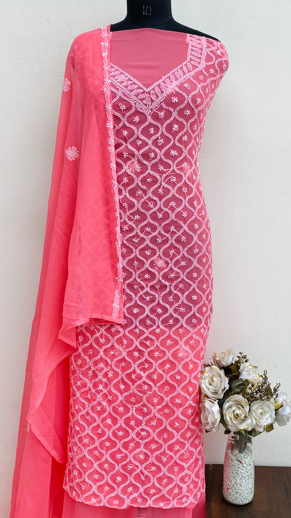 Lucknowi Chikankari Suit Length 3 Piece Gajri Georgette