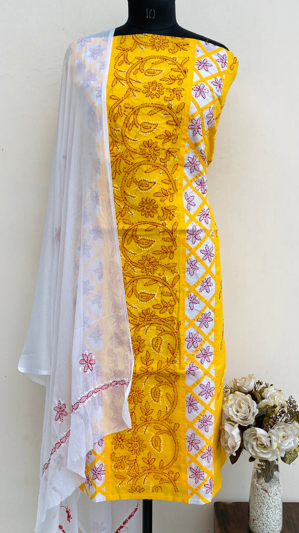 Lucknowi Chikankari Suit Length 3 Piece Mustard Cotton