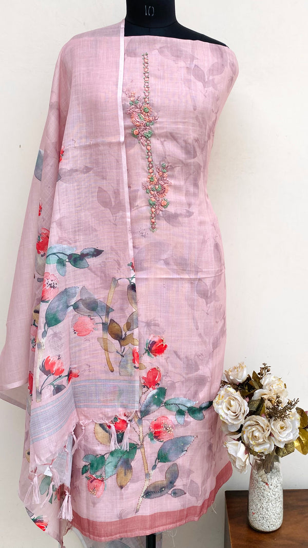 Designer Embroidered Suit Length 3 Piece Pink Linen With Sequence Work