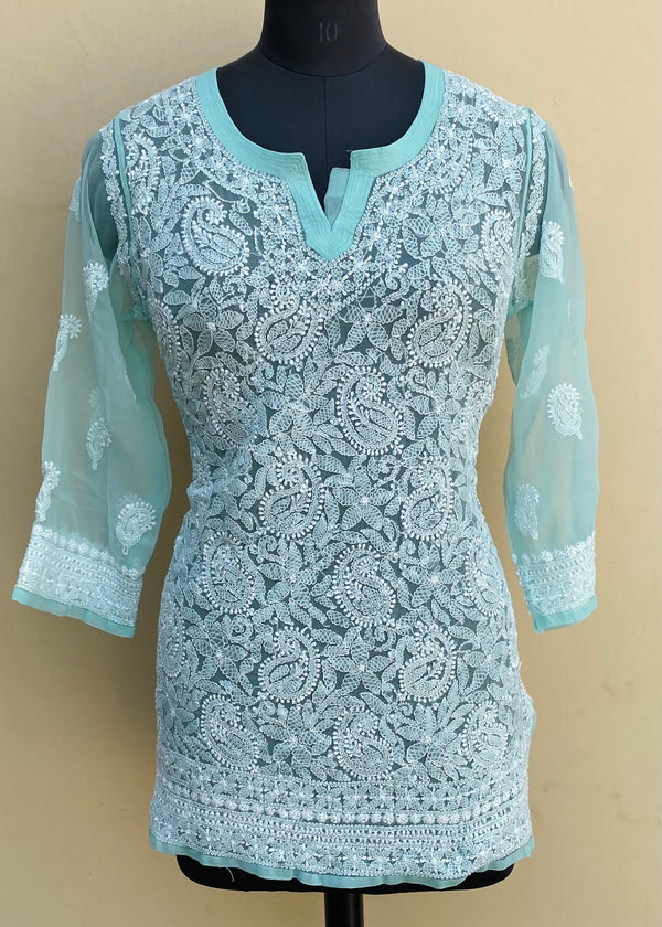 Lucknowi Chikankari Short Kurti Sea Green Georgette