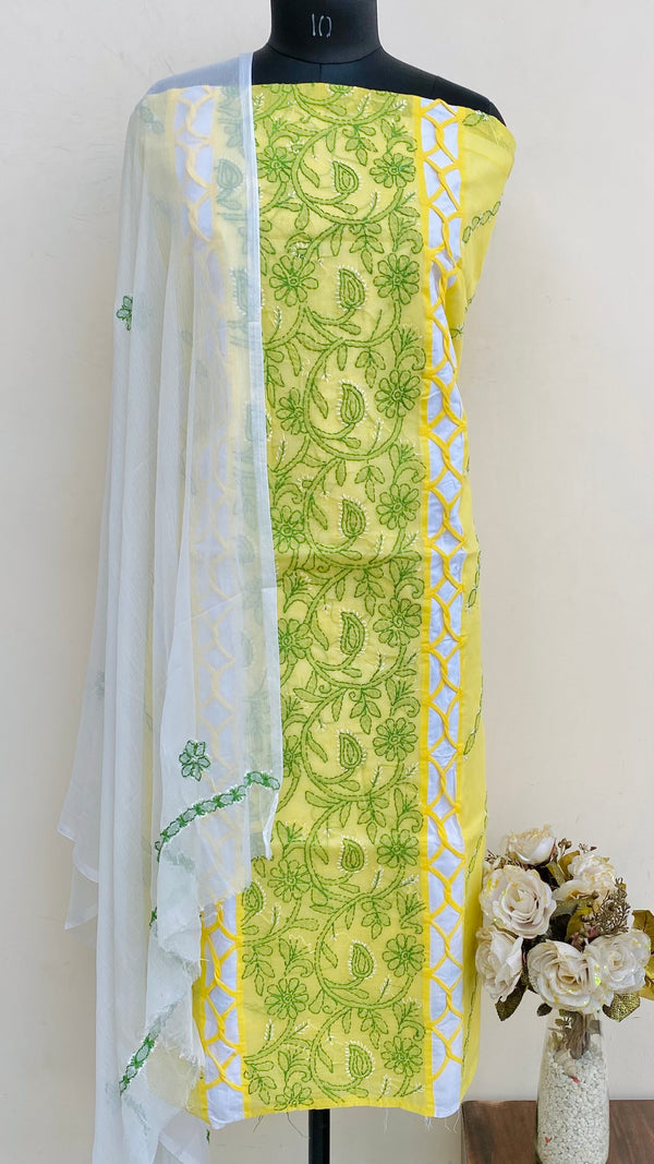 Lucknowi Chikankari Suit Length 3 Piece Yellow Cotton