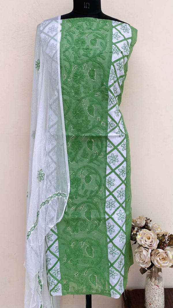 Lucknowi Chikankari Suit Length 3 Piece Teal Green Cotton