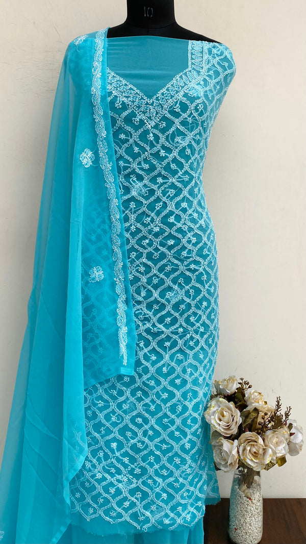 Lucknowi Chikankari Suit Length 3 Piece Blue Georgette