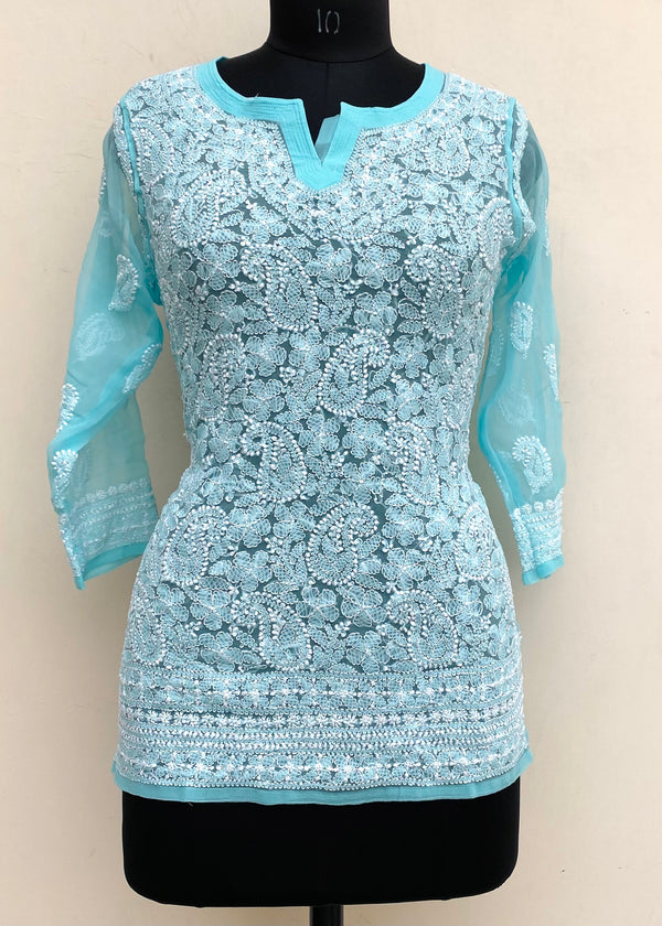 Lucknowi Chikankari Short Kurti Blue Georgette