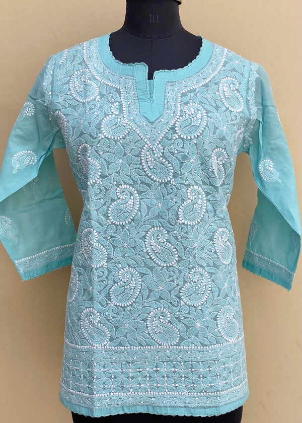 Lucknowi Chikankari Short Kurti Blue Cotton