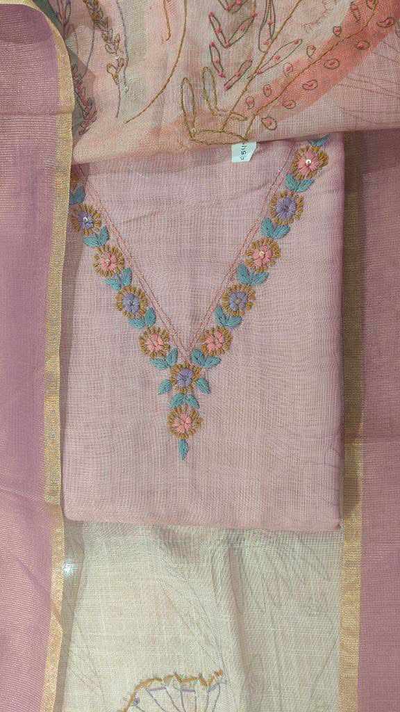 Designer Embroidered Suit Length 3 Piece Onion Pink Linen Cotton With Cutdana Work