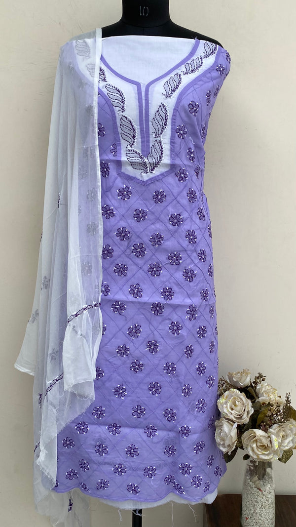 Lucknowi Chikankari Suit Length 3 Piece Purple Cotton