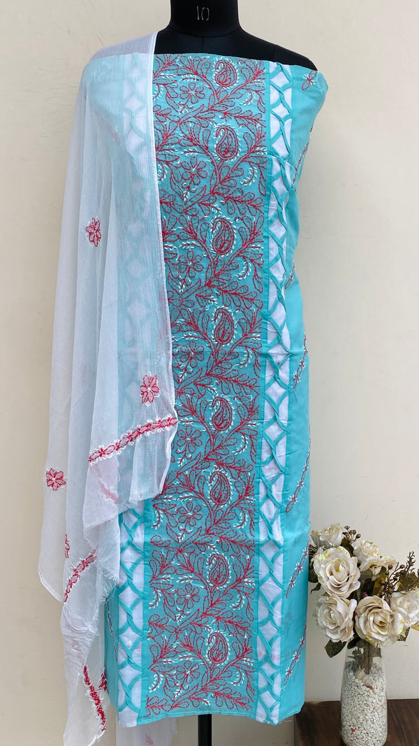 Lucknowi Chikankari Suit Length 3 Piece Sea Green Cotton