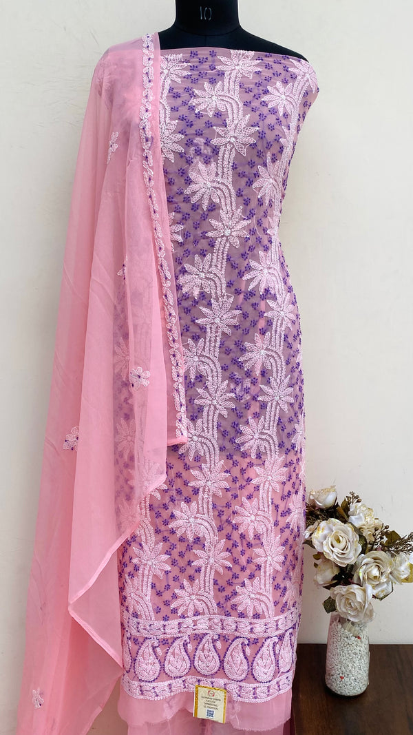 Lucknowi Chikankari Suit Length 3 Piece Peach Georgette