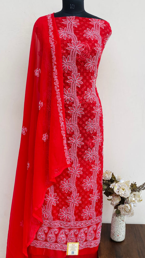 Lucknowi Chikankari Suit Length 3 Piece Red Georgette