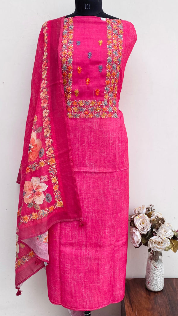 Designer Embroidered Suit Length 3 Piece Pink Linen With Sequence Work
