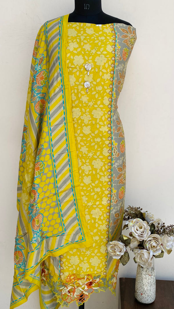 Designer Embroidered Suit Length 3 Piece Yellow Muslin Cotton