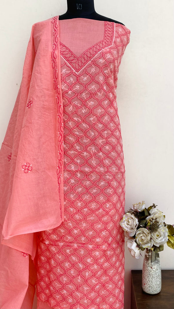 Lucknowi Chikankari Suit Length 3 Piece Gajri Cotton With Embroidered Cotton Dupatta