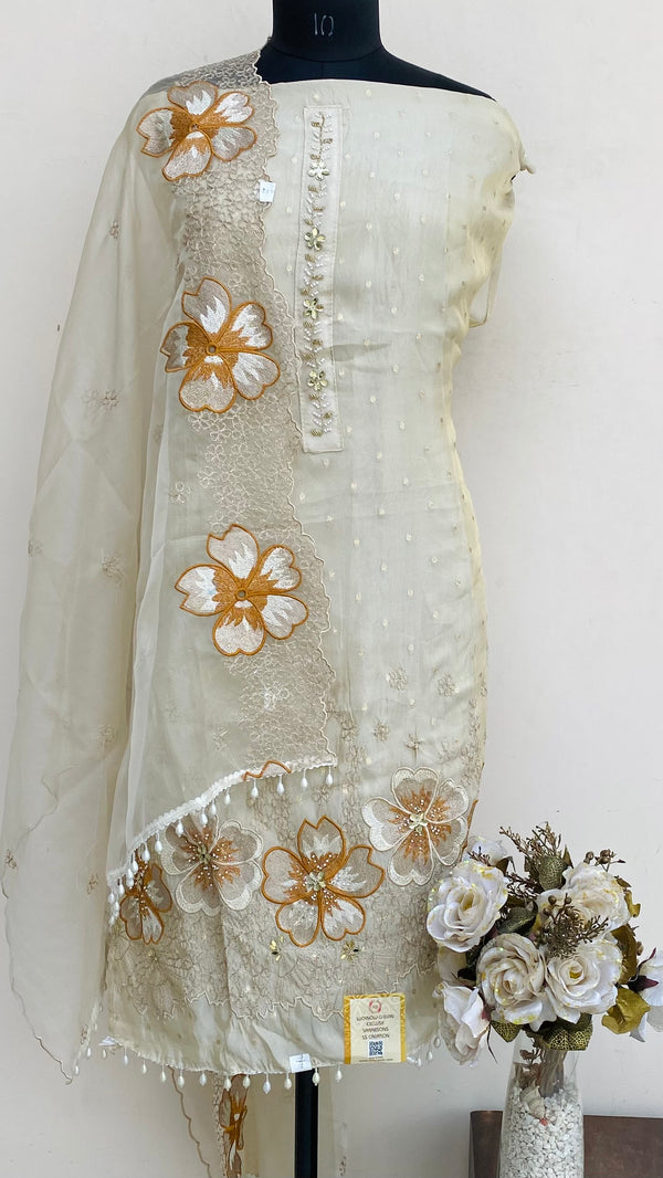 Designer Embroidered Suit Length 3 Piece Beige Tissue With Pearl & Stone Work